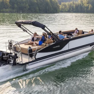 2026 Harris 230 Sunliner SLE For Sale – 225hp Mercury with DTS/PAS, Power Bimini, and Premium Chestnut Teak Interior